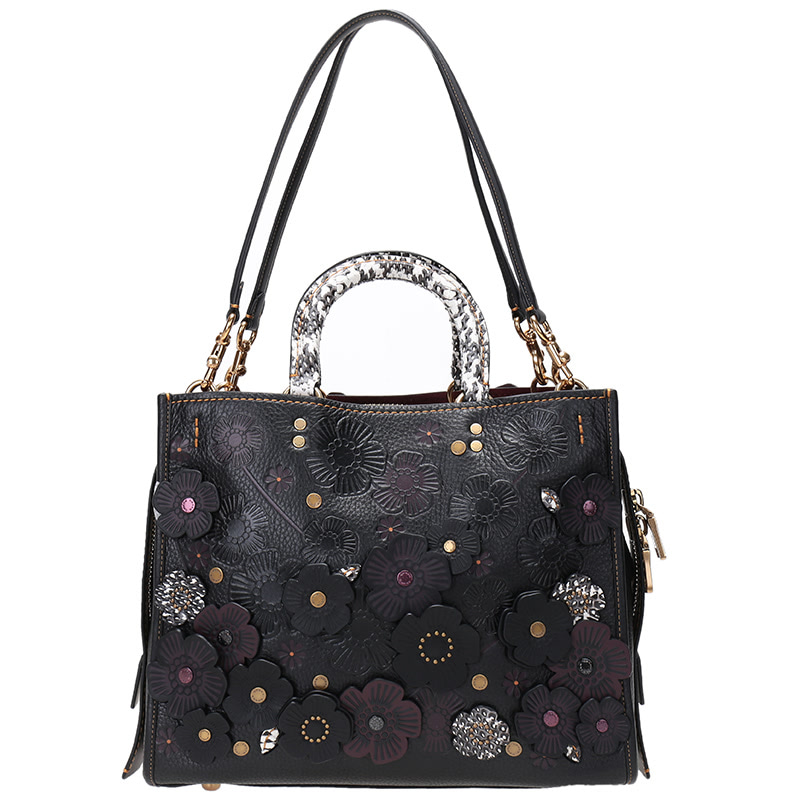 coach 蔻驰 女士1941系列黑色茶玫瑰装饰皮质手提单肩包 58964 olblk